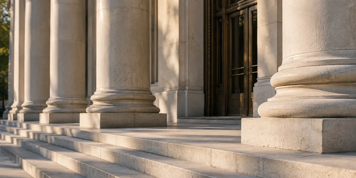 Illustrative courthouse-style limestone columns and steps