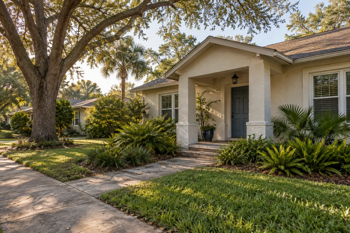 Illustrative Florida home shaded by mature trees