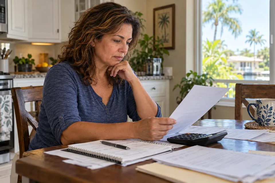 Homeowner reviewing household finances at a kitchen table