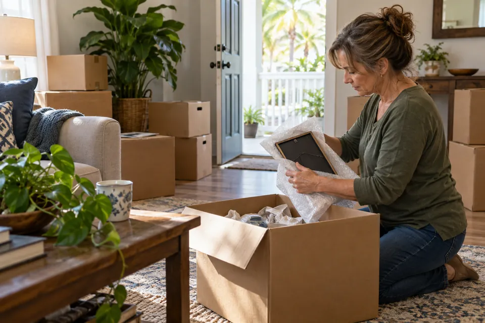 Homeowner carefully packing belongings for a move