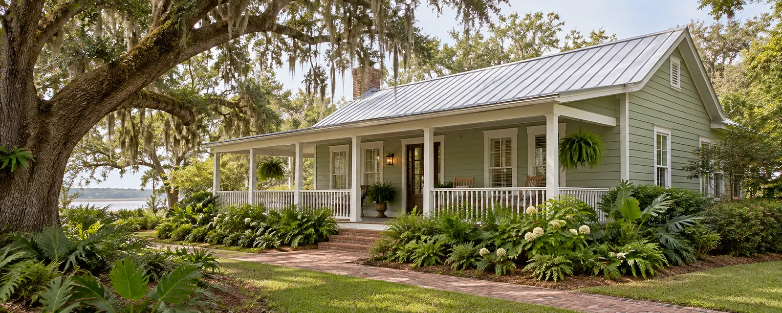 Sage-green Florida bungalow with a shaded front porch, metal roof, and mature live oak