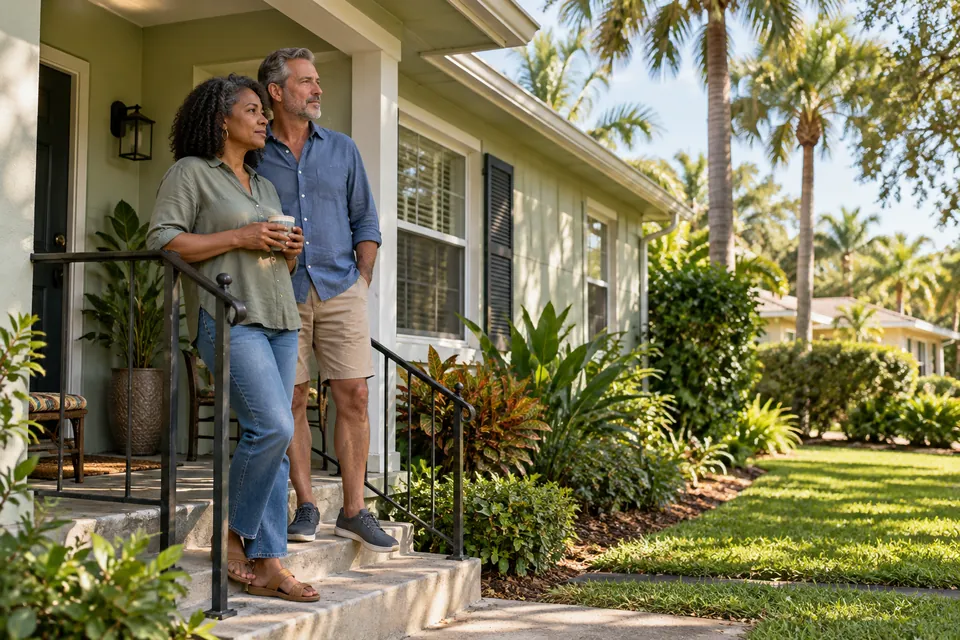 Couple standing outside a modest Florida home