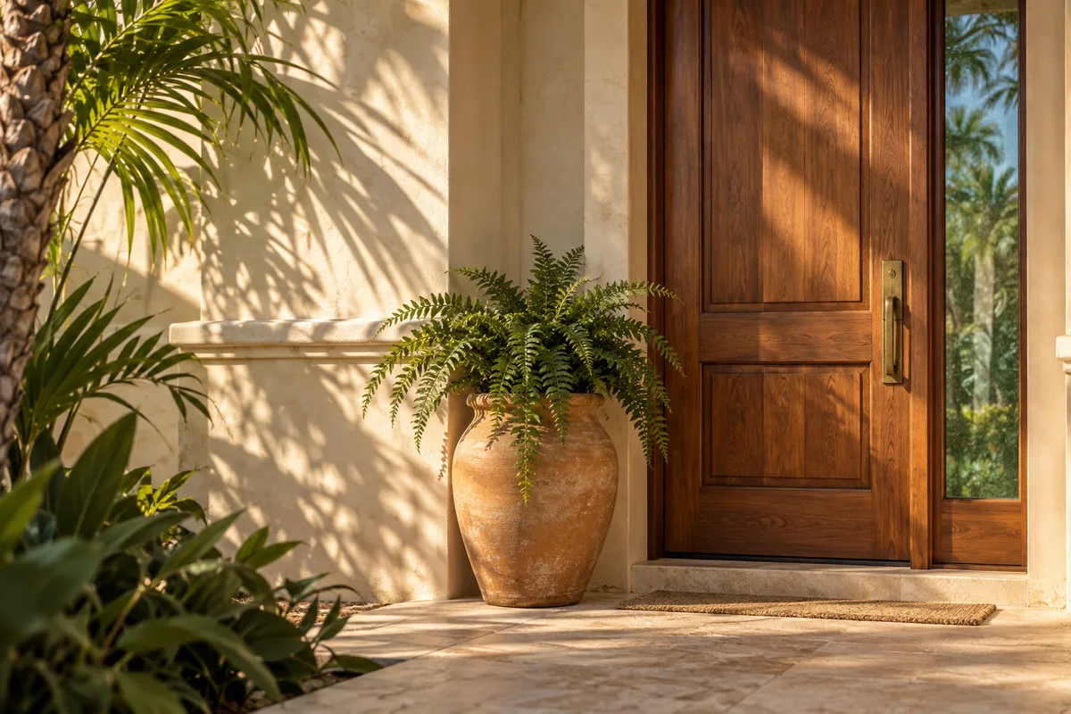 Sunlit wooden front door framed by tropical greenery and a terracotta planter