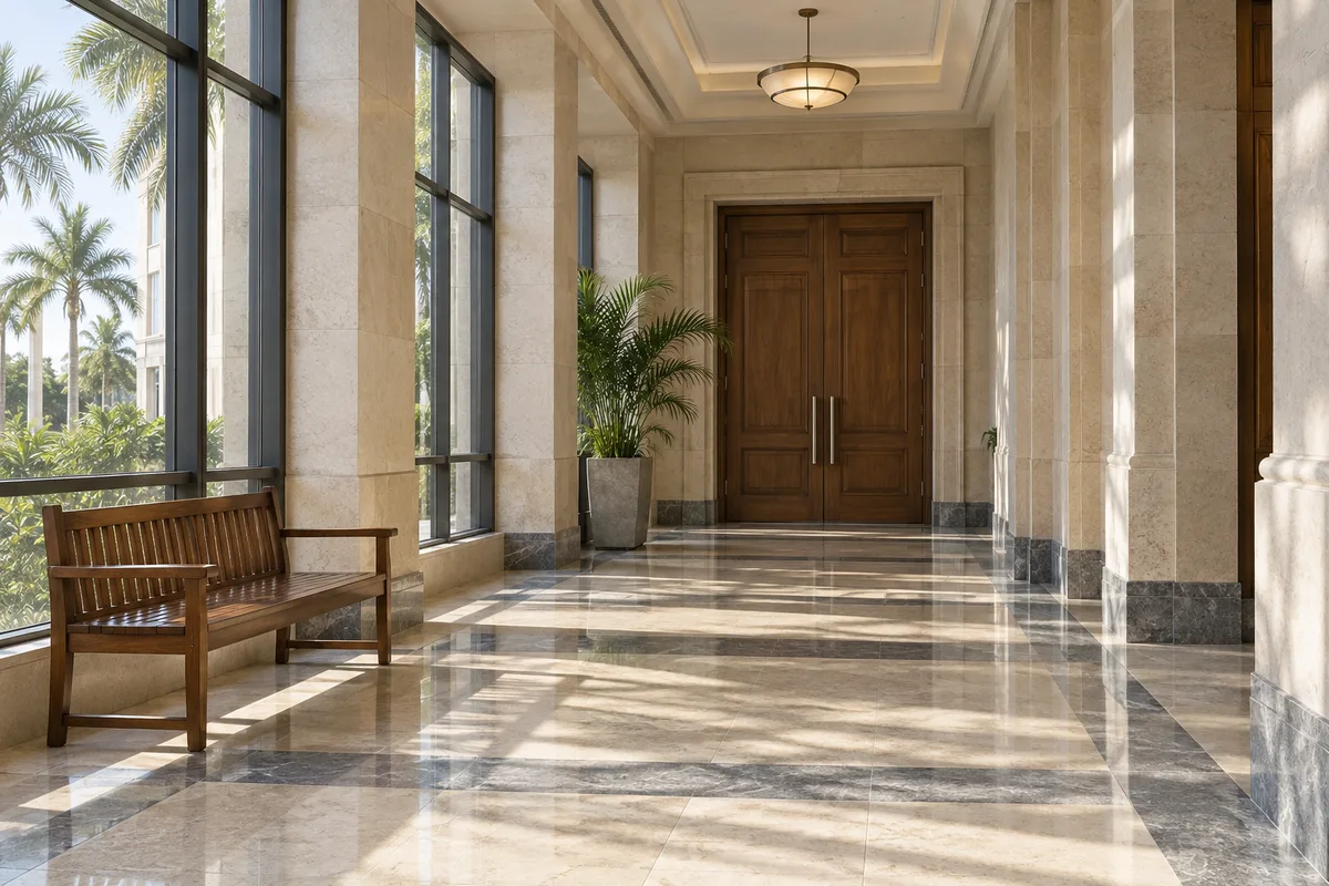 Quiet courthouse-style corridor with wooden doors, a bench, and natural light